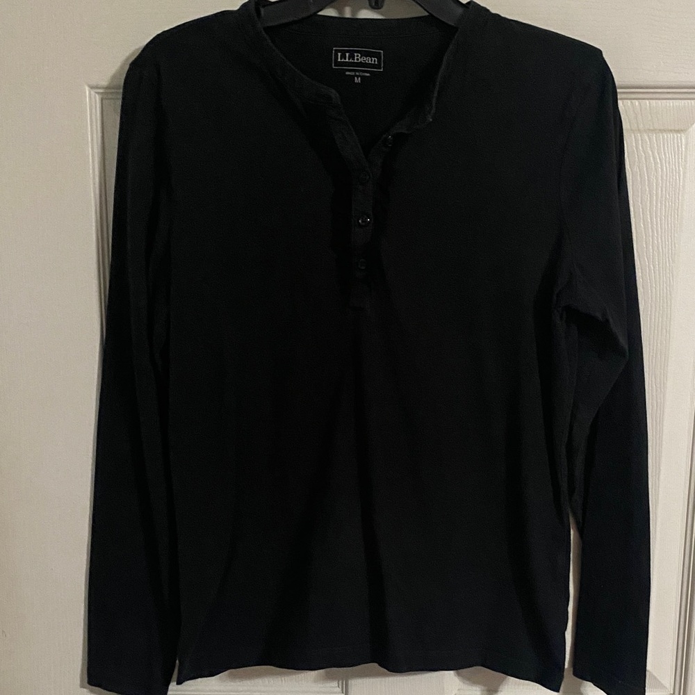 L.L. Bean LL bean Dark Long Sleeve Black Henley Cotton Tee ruffle accent M